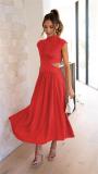 Red O Neck Cut Out Solid Color Elegant Fashion Women Pleated Maxi Dress