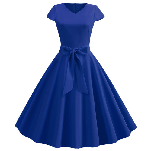 Royal Blue Fashion Women V Neck Casual Autumn Party Pleated Midi Dress