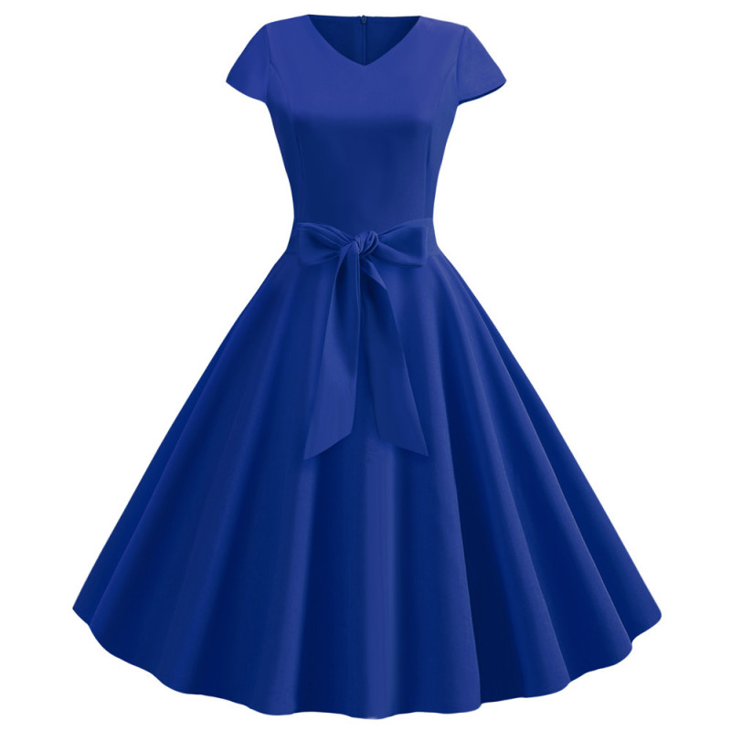 Royal Blue Fashion Women V Neck Casual Autumn Party Pleated Midi Dress