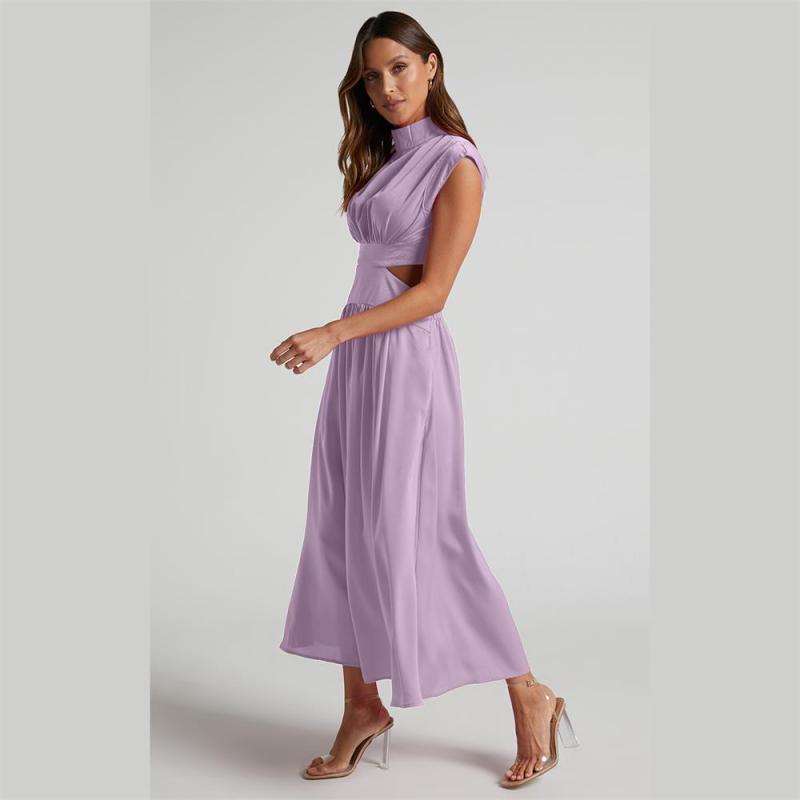 Purple O Neck Cut Out Solid Color Elegant Fashion Women Pleated Maxi Dress