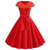 Red Fashion Women V Neck Casual Autumn Party Pleated Midi Dress