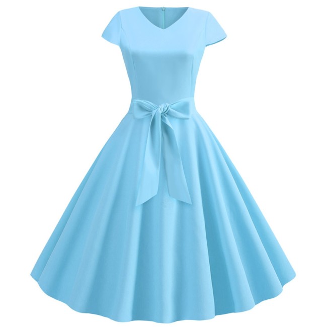 Sky Blue Fashion Women V Neck Casual Autumn Party Pleated Midi Dress