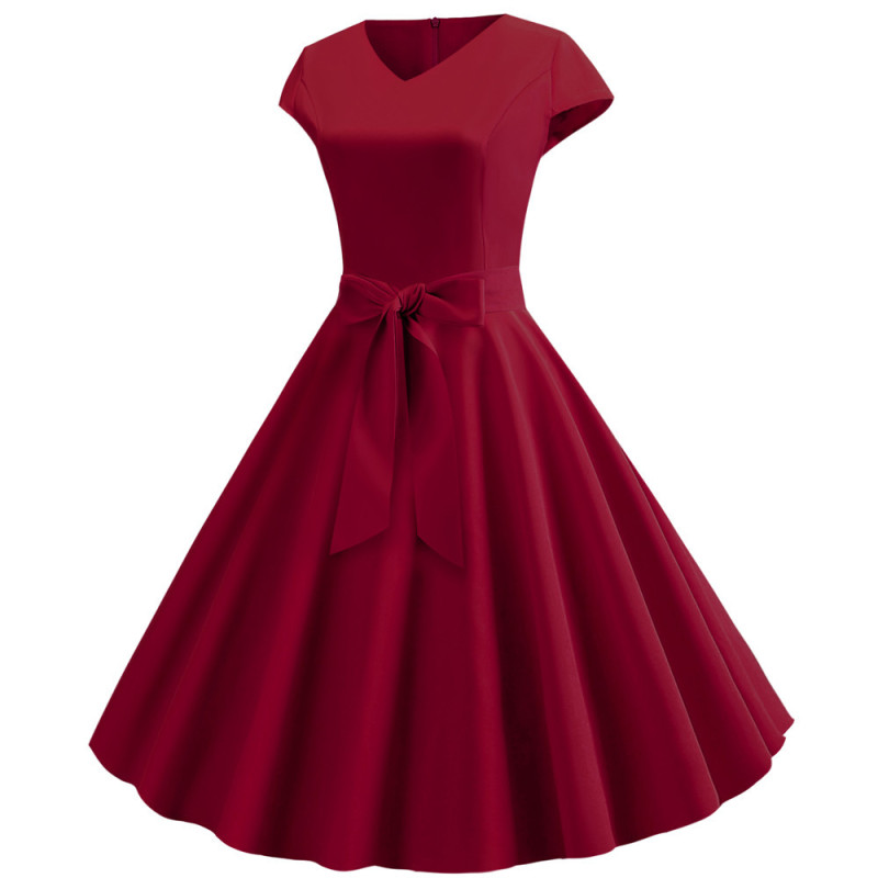 Claret Fashion Women V Neck Casual Autumn Party Pleated Midi Dress