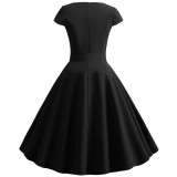 Black Fashion Women V Neck Casual Autumn Party Pleated Midi Dress