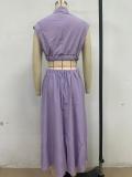 Purple O Neck Cut Out Solid Color Elegant Fashion Women Pleated Maxi Dress