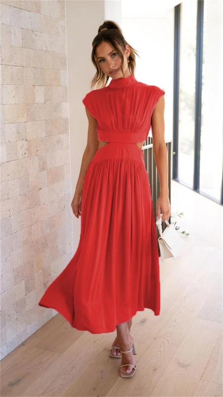 Red O Neck Cut Out Solid Color Elegant Fashion Women Pleated Maxi Dress