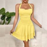 Yellow Sleeveless Straps Low Cut Party Club Mini Skirt Dress