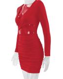 Red Long Sleeve Deep V Neck Cut Out Bodycon Mini Dress