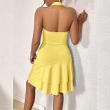 Yellow Sleeveless Straps Low Cut Party Club Mini Skirt Dress
