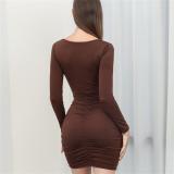 Brown Long Sleeve Deep V Neck Cut Out Bodycon Mini Dress