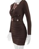 Brown Long Sleeve Deep V Neck Cut Out Bodycon Mini Dress