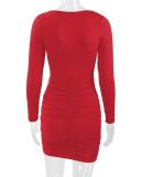 Red Long Sleeve Deep V Neck Cut Out Bodycon Mini Dress