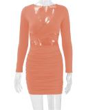 Orange Red Long Sleeve Deep V Neck Cut Out Bodycon Mini Dress