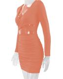 Orange Red Long Sleeve Deep V Neck Cut Out Bodycon Mini Dress