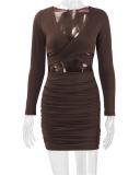 Brown Long Sleeve Deep V Neck Cut Out Bodycon Mini Dress