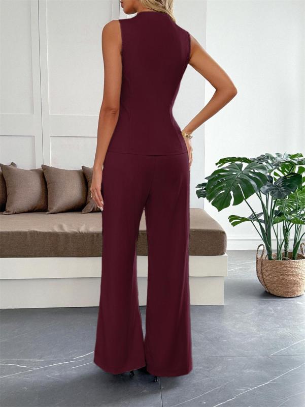 Claret Sleeveless Vest Top Straight Fashion Wide Leg Pant Sets