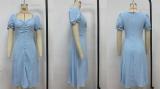 Sky Blue Short Sleeve Single Breasted Elegant Low Cut Pleated Midi Dress