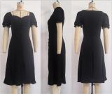 Black Short Sleeve Single Breasted Elegant Low Cut Pleated Midi Dress