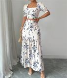 White Printing Two Pieces New Women Square Neck Halter Luxury Skirt Dress