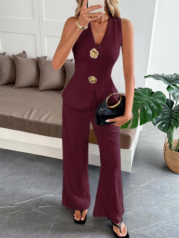 Claret Sleeveless Vest Top Straight Fashion Wide Leg Pant Sets