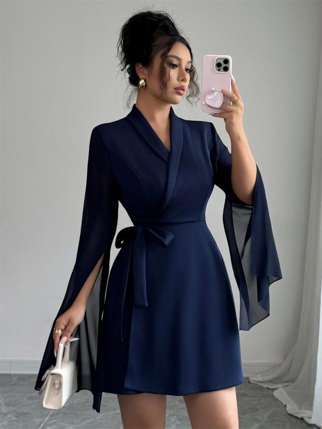 Royal Blue Belt Mesh Long Sleeve Shawl Fashion Elegant Office Dress