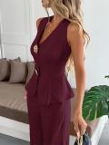 Claret Sleeveless Vest Top Straight Fashion Wide Leg Pant Sets