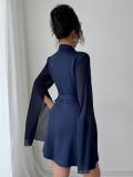 Royal Blue Belt Mesh Long Sleeve Shawl Fashion Elegant Office Dress