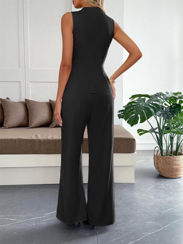 Black Sleeveless Vest Top Straight Fashion Wide Leg Pant Sets