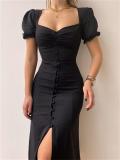 Black Short Sleeve Single Breasted Elegant Low Cut Pleated Midi Dress