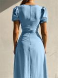 Sky Blue Short Sleeve Single Breasted Elegant Low Cut Pleated Midi Dress