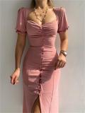 Pink Short Sleeve Single Breasted Elegant Low Cut Pleated Midi Dress