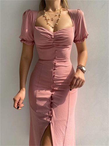 Pink Short Sleeve Single Breasted Elegant Low Cut Pleated Midi Dress