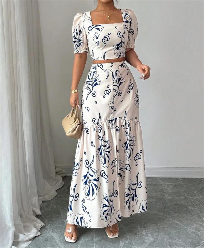 White Printing Two Pieces New Women Square Neck Halter Luxury Skirt Dress