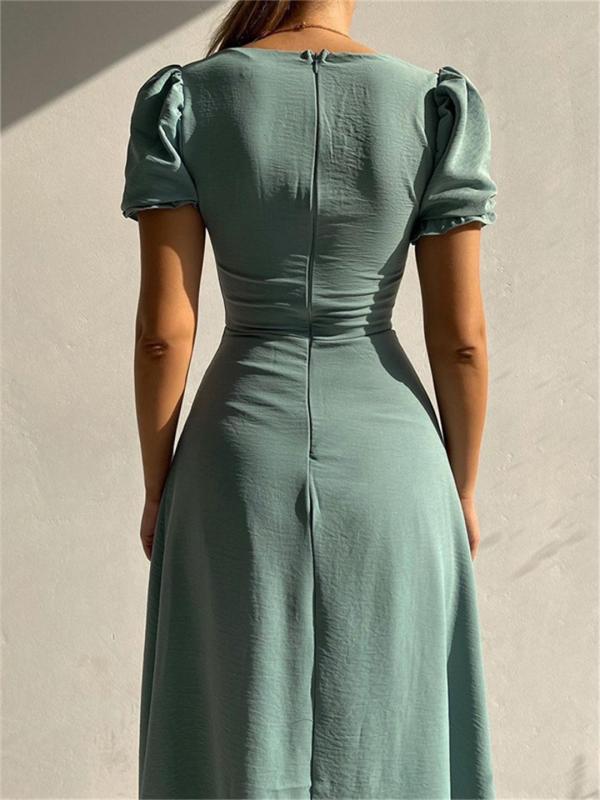 Green Short Sleeve Single Breasted Elegant Low Cut Pleated Midi Dress