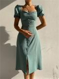 Green Short Sleeve Single Breasted Elegant Low Cut Pleated Midi Dress