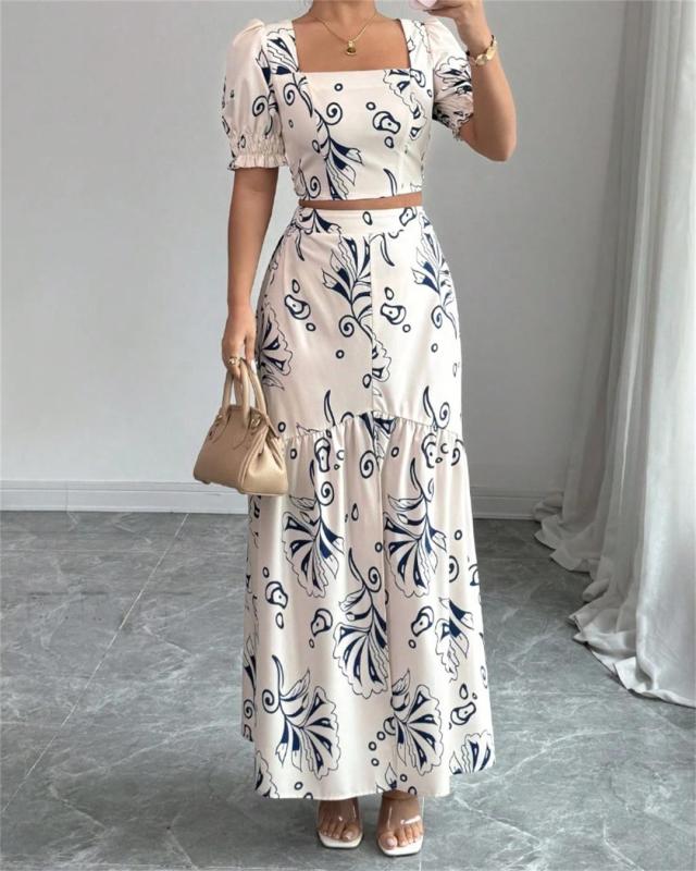 White Printing Two Pieces New Women Square Neck Halter Luxury Skirt Dress