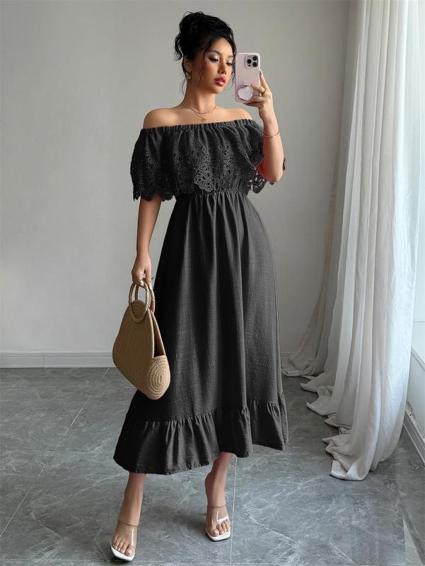 Black Off Shoulder Lace Crochet Slim Fit Pleated Women Party Formal Midi Dress