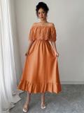 Orange Off Shoulder Lace Crochet Slim Fit Pleated Women Party Formal Midi Dress