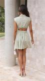 Matcha High Neck Cut Out Waist Pleated Women Fashion Street Wear Dress