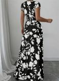 Black Printing V Neck Pleated Waist Vacation Summer Slim Fit Floral Maxi Dress