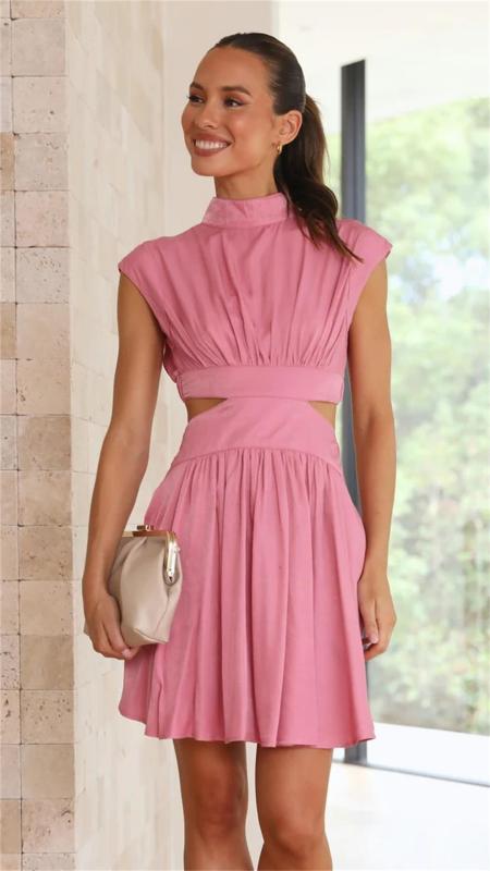 Pink High Neck Cut Out Waist Pleated Women Fashion Street Wear Dress