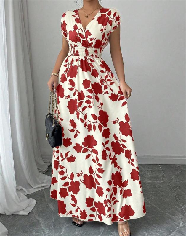 Red Printing V Neck Pleated Waist Vacation Summer Slim Fit Floral Maxi Dress