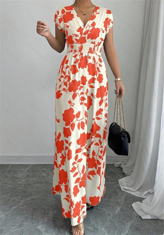 Orange Printing V Neck Pleated Waist Vacation Summer Slim Fit Floral Maxi Dress