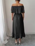 Black Off Shoulder Lace Crochet Slim Fit Pleated Women Party Formal Midi Dress