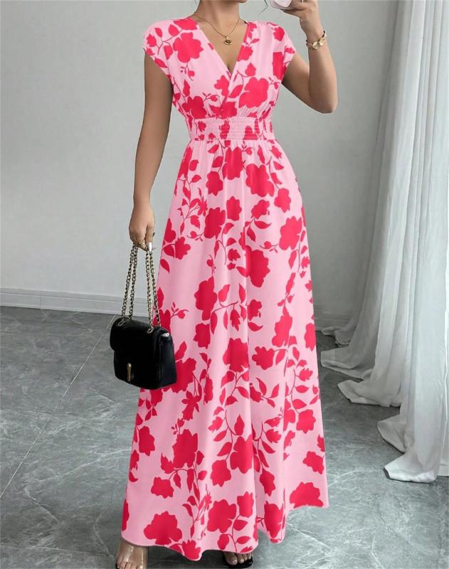 Pink Printing V Neck Pleated Waist Vacation Summer Slim Fit Floral Maxi Dress