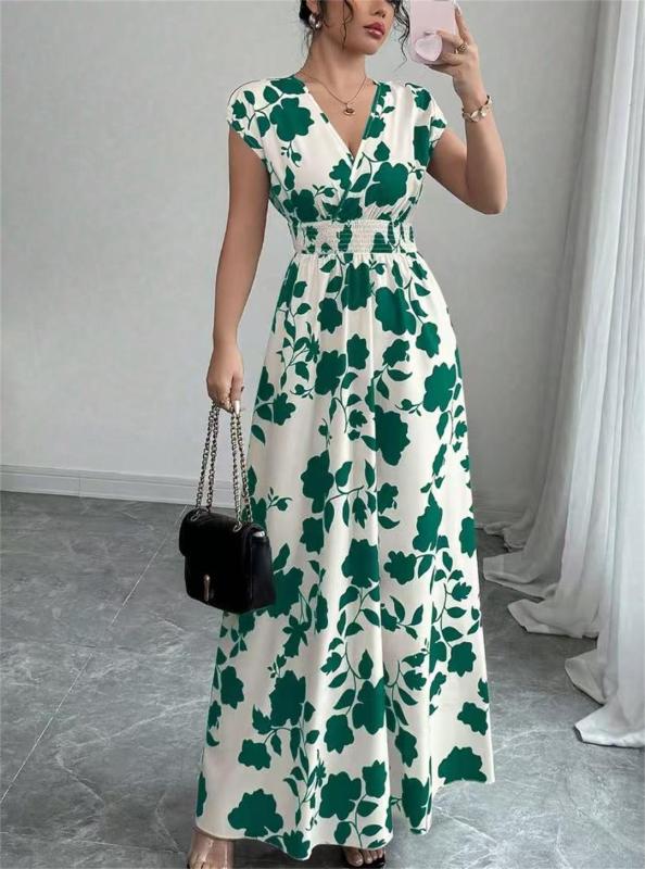 Green Printing V Neck Pleated Waist Vacation Summer Slim Fit Floral Maxi Dress