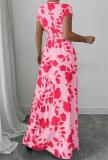 Pink Printing V Neck Pleated Waist Vacation Summer Slim Fit Floral Maxi Dress