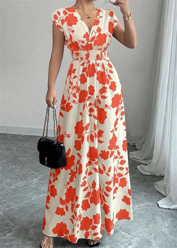 Orange Printing V Neck Pleated Waist Vacation Summer Slim Fit Floral Maxi Dress