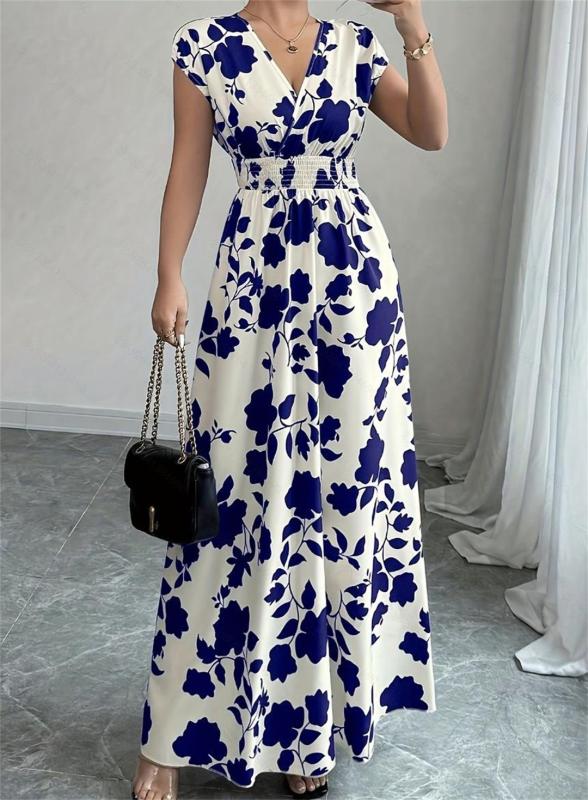 Blue-White Printing V Neck Pleated Waist Vacation Summer Slim Fit Floral Maxi Dress 008