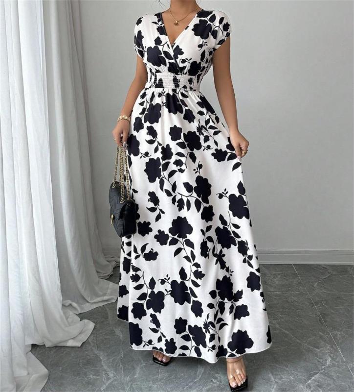 White-Black Printing V Neck Pleated Waist Vacation Summer Slim Fit Floral Maxi Dress 002